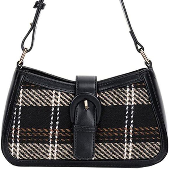 Neiman Marcus Houndstooth Fall Color Black Plaid Striped Handbag - Picture 4 of 4